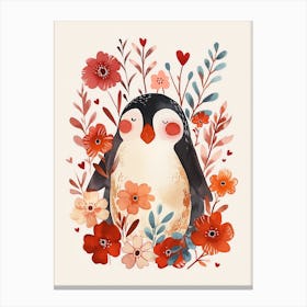 Penguin Red Flowers Heart Valentine's Day Canvas Print