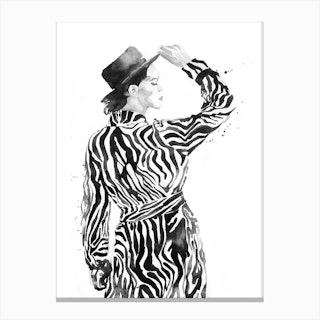 Woman In Zebra Coat Black & White Canvas Print