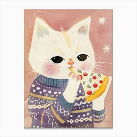 Cute White Cat Eating Pizza Folk Illustration 1 Canvas Print