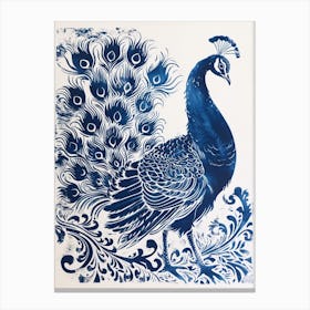 Navy Blue Peacock Linocut Portrait 2 Canvas Print