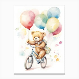 Bicycling Teddy Bear Painting Watercolour 1 Canvas Print