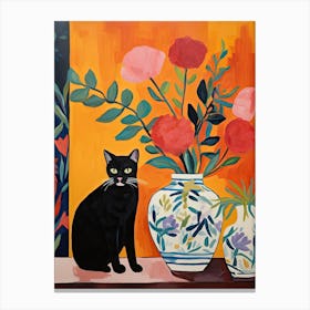 Sweet Pea Flower Vase And A Cat, A Painting In The Style Of Matisse 2 Canvas Print
