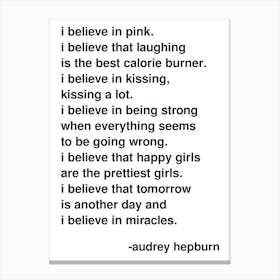 I Believe In Pink Audrey Hepburn Quote Statement In White Canvas Print