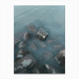 Ocean Shore, Rocks In Blue Water Canvas Print