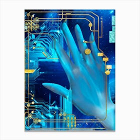 Cyber Abstract Digital Painting Of A Human Hand And A Robotic Hand Almost Touching Against A Backdro (1) Canvas Print