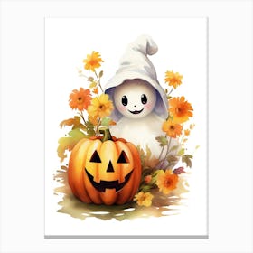 Cute Ghost With Pumpkins Halloween Watercolour 126 Canvas Print