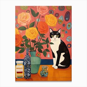 Rose Flower Vase And A Cat, A Painting In The Style Of Matisse 10 Canvas Print