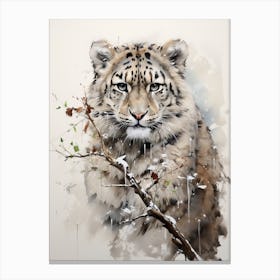 Snow Leopard, Japanese Brush Painting, Ukiyo E, Minimal 4 Canvas Print