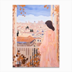 Valencia Spain 6 Vintage Pink Travel Illustration Canvas Print