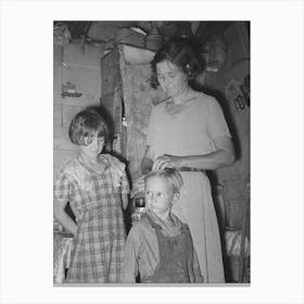 Woman In Shack Home In Community Camp, Oklahoma City, Oklahoma, Straightening Her Son S Hair Refer Canvas Print