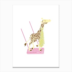 Giraffe Wearing A Tie Swinging On A Pink Wafer, Fun Circus Animal, Cake, Biscuit, Sweet Treat Print, Portrait Canvas Print