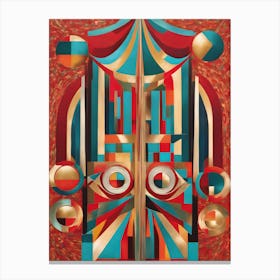 Dare - Abstract Art Deco Geometric Shapes Oil Painting Modernist Picasso Inspired Bold Gold Green Turquoise Red Face Visionary Fantasy Style Wall Decor Surrealism Trippy Cool Room Art Invoke Psychedelic Canvas Print