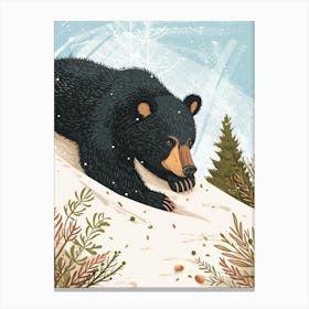 American Black Bear Cub Sliding Down A Snowy Hill Storybook Illustration 4 Canvas Print