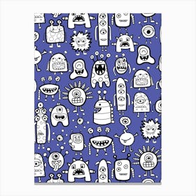 Happy Funky Monsters and Aliens Black and White on Purple Kids Canvas Print