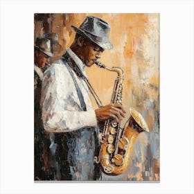 Stylish Jazz Band Playing Music On The Scene, Background Is Brown. Saxophone Player Canvas Print