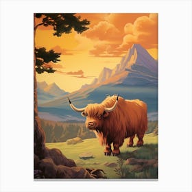 Brown Hairy Highland Cow In The Sunset 2 Canvas Print
