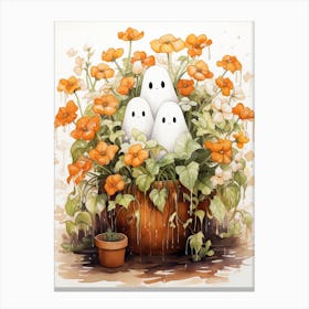 Cute Bedsheet Ghost, Botanical Halloween Watercolour 102 Canvas Print
