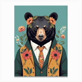 Floral Black Bear Portrait In A Suit (30) Canvas Print