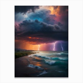 Raging Lightning Over The Ocean Canvas Print