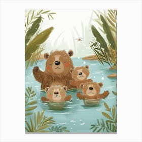 Sloth Bear Family Swimming In A River Storybook Illustration 4 Canvas Print