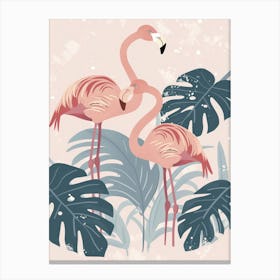 American Flamingo And Monstera Deliciosa Boho Print 1 Canvas Print