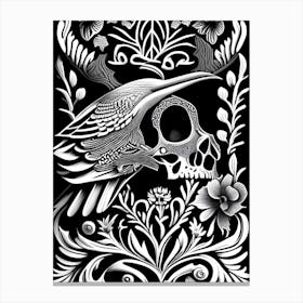 Skull With Bird Motifs Black And White Linocut Canvas Print