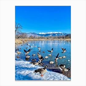 A Detailed Wildlife Scene Featuring A Flock Of Wild Geese Interspersed With Ducks In A Chilly Winter Canvas Print