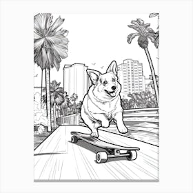 Pembroke Welsh Corgi Dog Skateboarding Line Art 1 Canvas Print