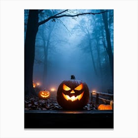 Fog Holiday Greeting Scarey Evil Dark Ominous Leaf Stripes Haunting Wood Carving Flames (14) Canvas Print