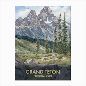 Grand Teton National Park Watercolour Vintage Travel Poster 1 Canvas Print