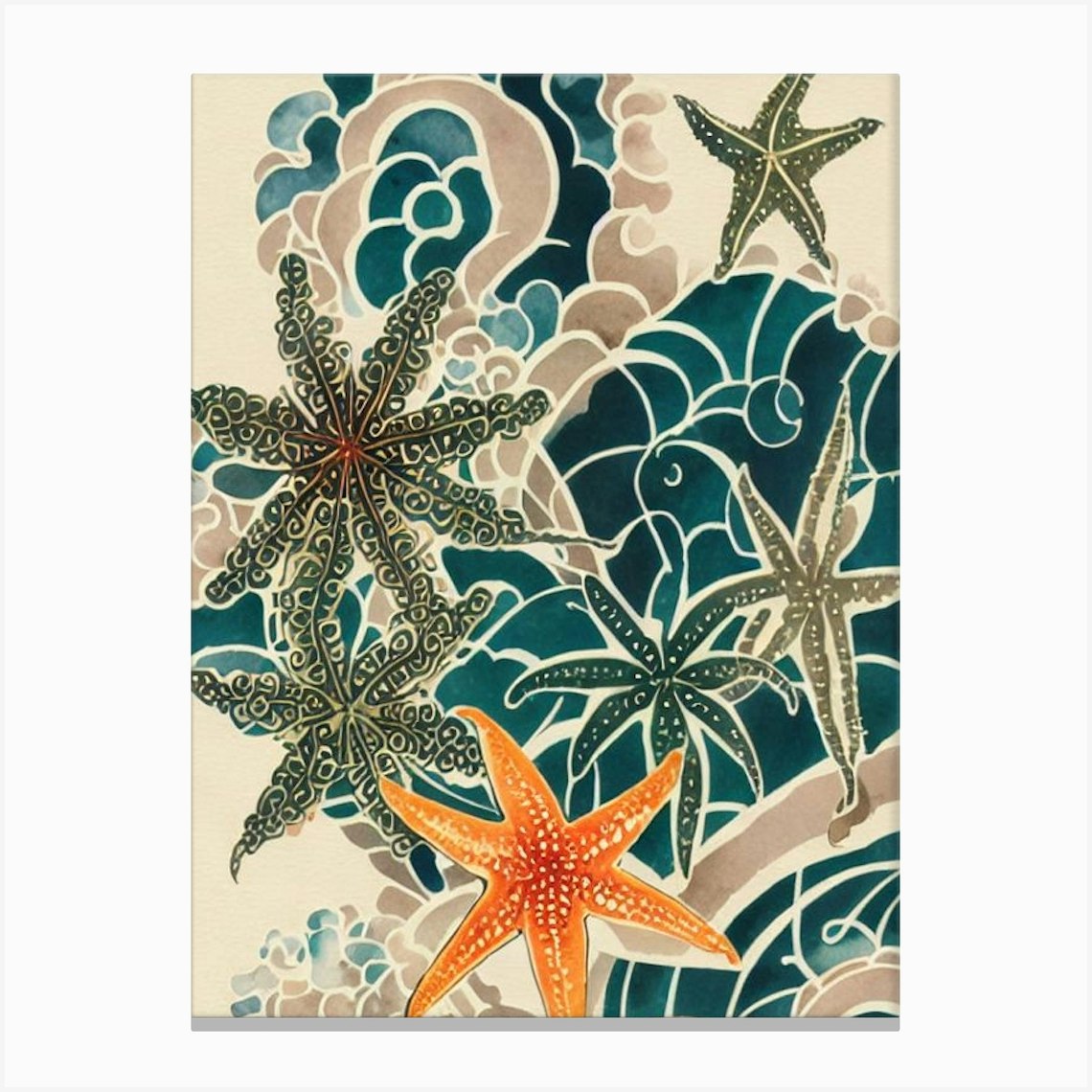 Acrylic Beach & Starfish Painting, Sponge Painting