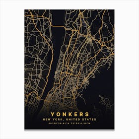 Yonkers New York Usa Black And Gold Map Canvas Print