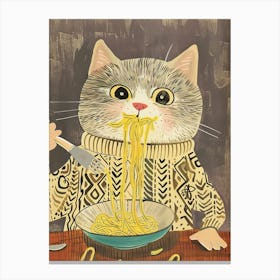 Grey White Cat Eating Pasta Folk Illustration 4 Canvas Print