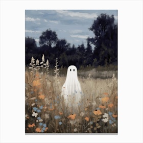 Cute Bedsheet Ghost In Flower Landscape Vintage Style, Halloween Spooky 2 Canvas Print