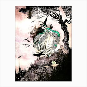 The Little Witch by Ida Rentoul Outhwaite - Remastered Illustration in Black and Pink - Green Witch With A Broomstick, Frog and Black Cat - Fairytale Vintage Victorian Witchcore Famous Witchy Cottagecore Fairycore Canvas Print