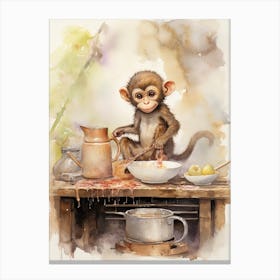 Monkey Painting Cooking Watercolour 4 Canvas Print