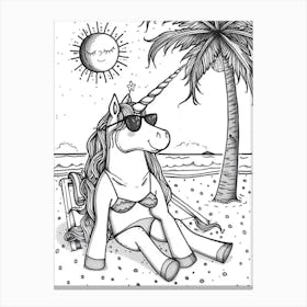 Unicorn On The Beach Black & White Illustration Canvas Print