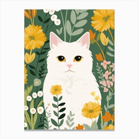 White Cat In Flowers 1 Canvas Print