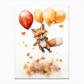 Red Fox Flying With Autumn Fall Pumpkins And Balloons Watercolour Nursery 3 Canvas Print