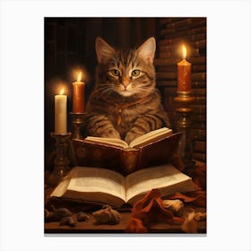 Cat Reading A Book In A Medieval Library 1 Canvas Print