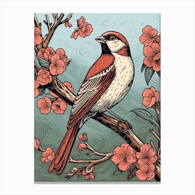 Vintage Bird Linocut Sparrow 4 Canvas Print