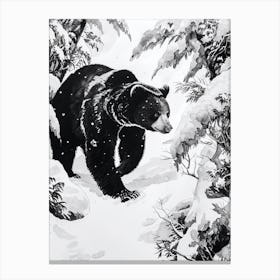 Malayan Sun Bear Walking Through A Snow Covered Forest Ink Illustration 4 Canvas Print