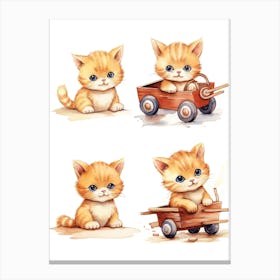 Kitten On Toy Car, Watercolour Nursery 1 Canvas Print