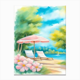 Beach Chairs And Umbrella Canvas Print