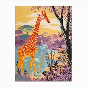 Giraffe By The Watering Hole Watercolour Illustration 2 Canvas Print