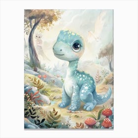 Blue Cute Dinosaur In The Meadow With Mushrooms Storybook Watercolour Painting Canvas Print