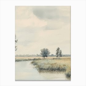 Summer Landscape With River And Trees Landscape Vintage Watercolour 2 Canvas Print