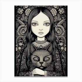 Wednesday Addams And A Cat Line Art Noveau 5 Fan Art Canvas Print