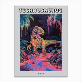 Scary Neon T Rex In River Poster Canvas Print
