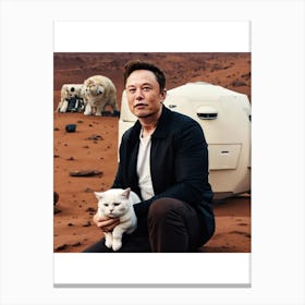 Elon musk holding a white cat with some blonde fur in mars Canvas Print